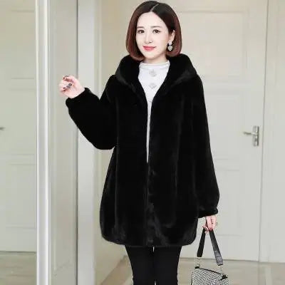 Autumn Winter Imitation Mink Velvet Overcoat Women Thick Warm Outwear Hooded Mid Length Faux Fur Coat Female Parka D369