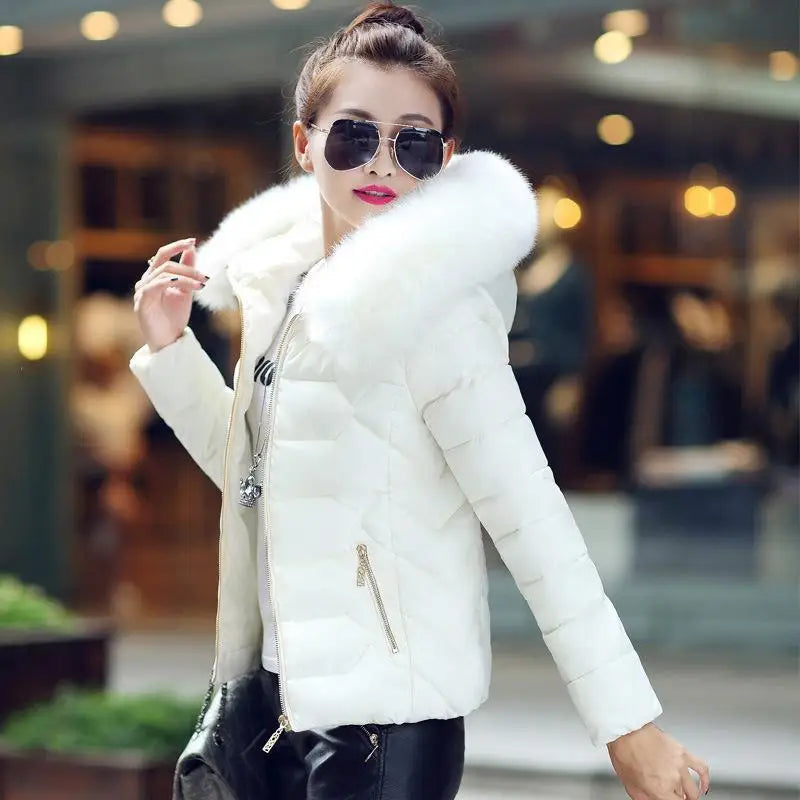 Female Coat Autumn With Fur Collar Hooded Cotton Padded Winter Jacket Women Short Outwear Basic Jacket