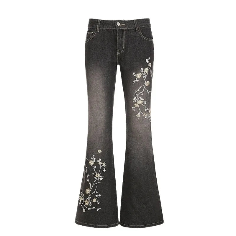 Weekeep Floral Embroidery Jeans Vintage 2000s Low Rise Flared Jeans Women Retro Baggy Denim Pants High Street Basic Trousers