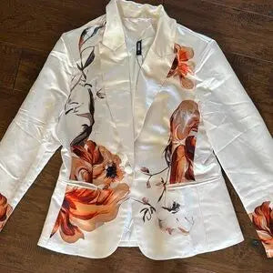Women's Sexy Deep V Satin office suit 2pcs Set Winter White Glossy Long Sleeved One Button Jacket&Straight Leg Pants Vacation