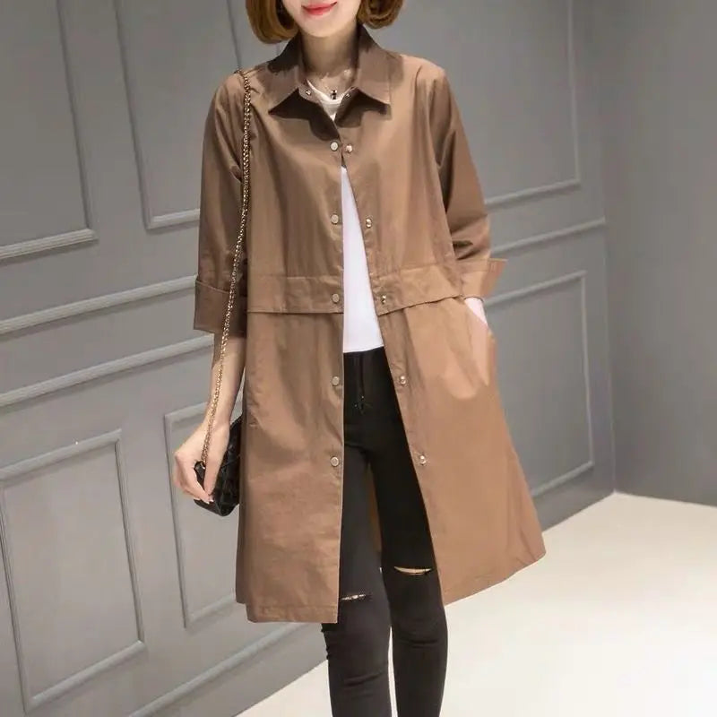 Women's Mid length Spring Autumn Female Windbreaker Loose Female Single Breasted Lapel Versatile Trench Coat Outerwer