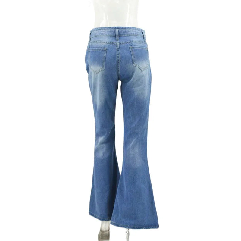 High Waist Trousers Loose Washed Jeans Pockets Slim Denim Flare Classic Women Vintage Stretch Straight Trousers