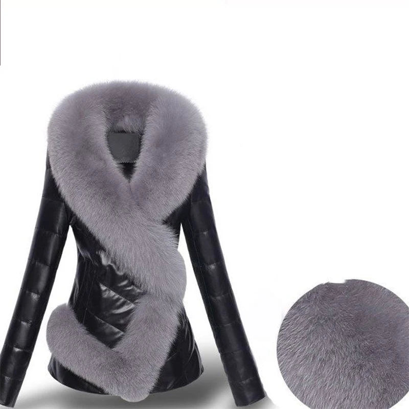 High quality Fashion Women Leather Jacket Short Faux Fox Fur Collar Slim Thick Warm Winter Coat Overcoat Motorcycle clothing