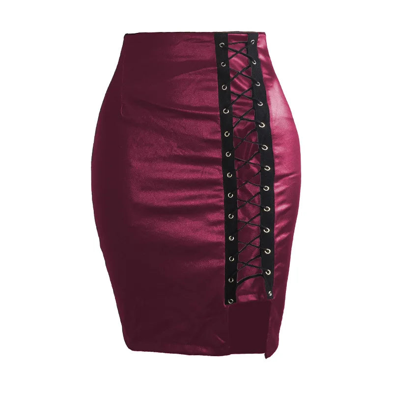Sexy Girls Above Knee Black PU Leather Mini Skirts Spring Women High Waist Bodycon Front Split Elegant Short Skirt