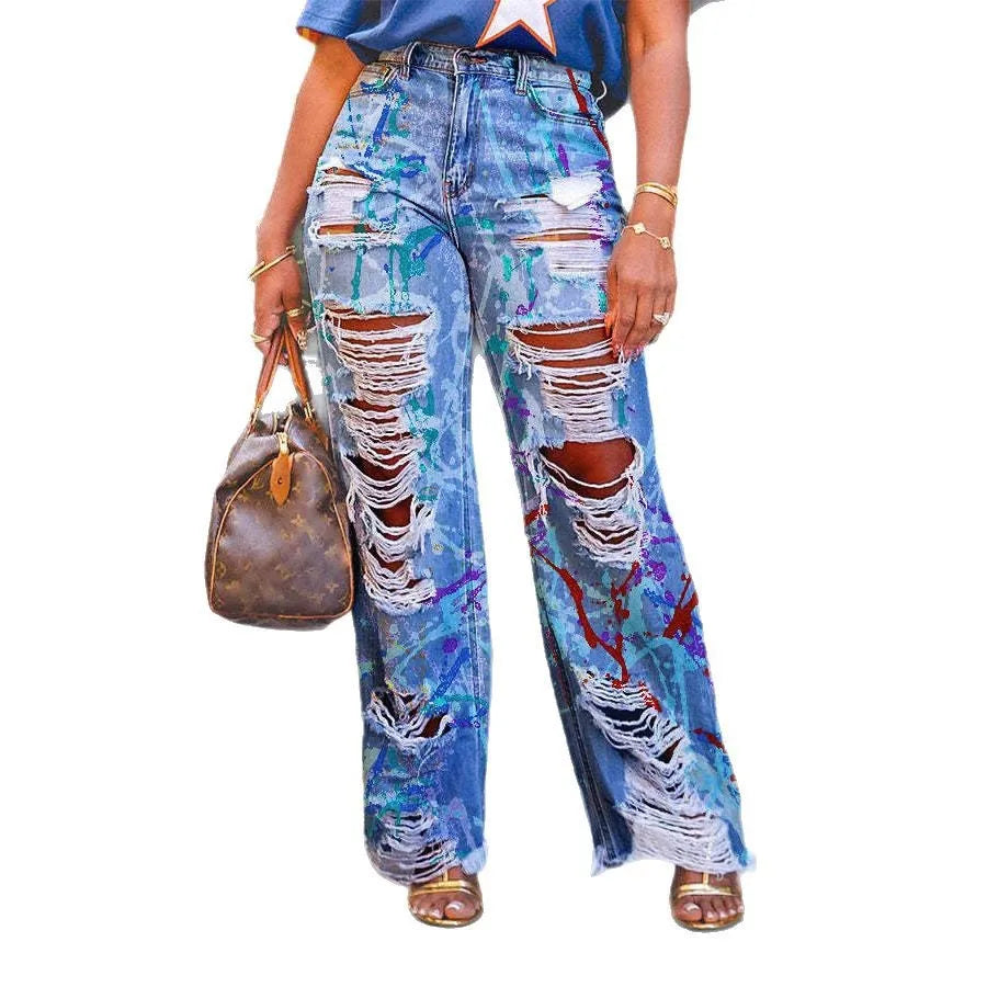 Spring New Floral Graffiti Print High Waist Loose Straight Jeans Hip Hop Style Long Pants