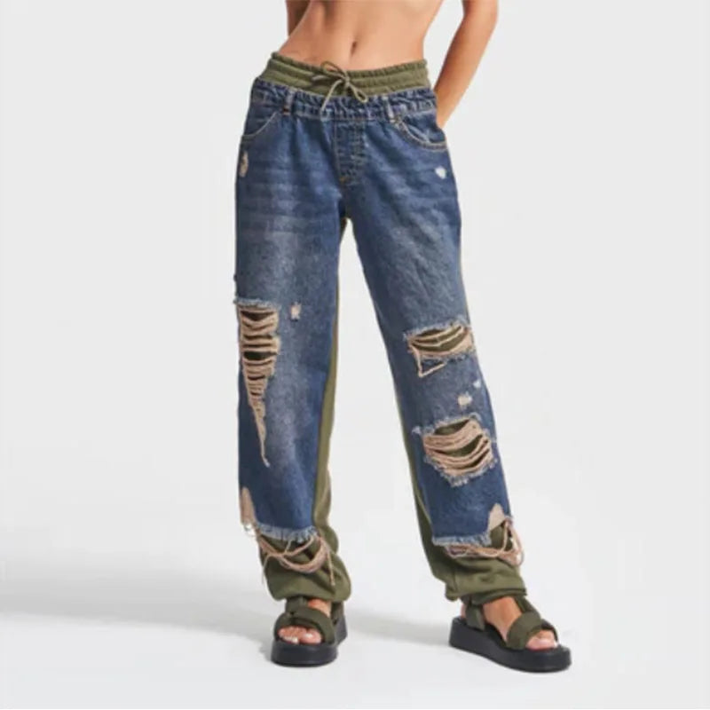 Casual Patchwork Jeans Women Loose Drawstring Low Waist Pockets Zipper Straight Leg Pants Spring Summer Street Lady Trouser