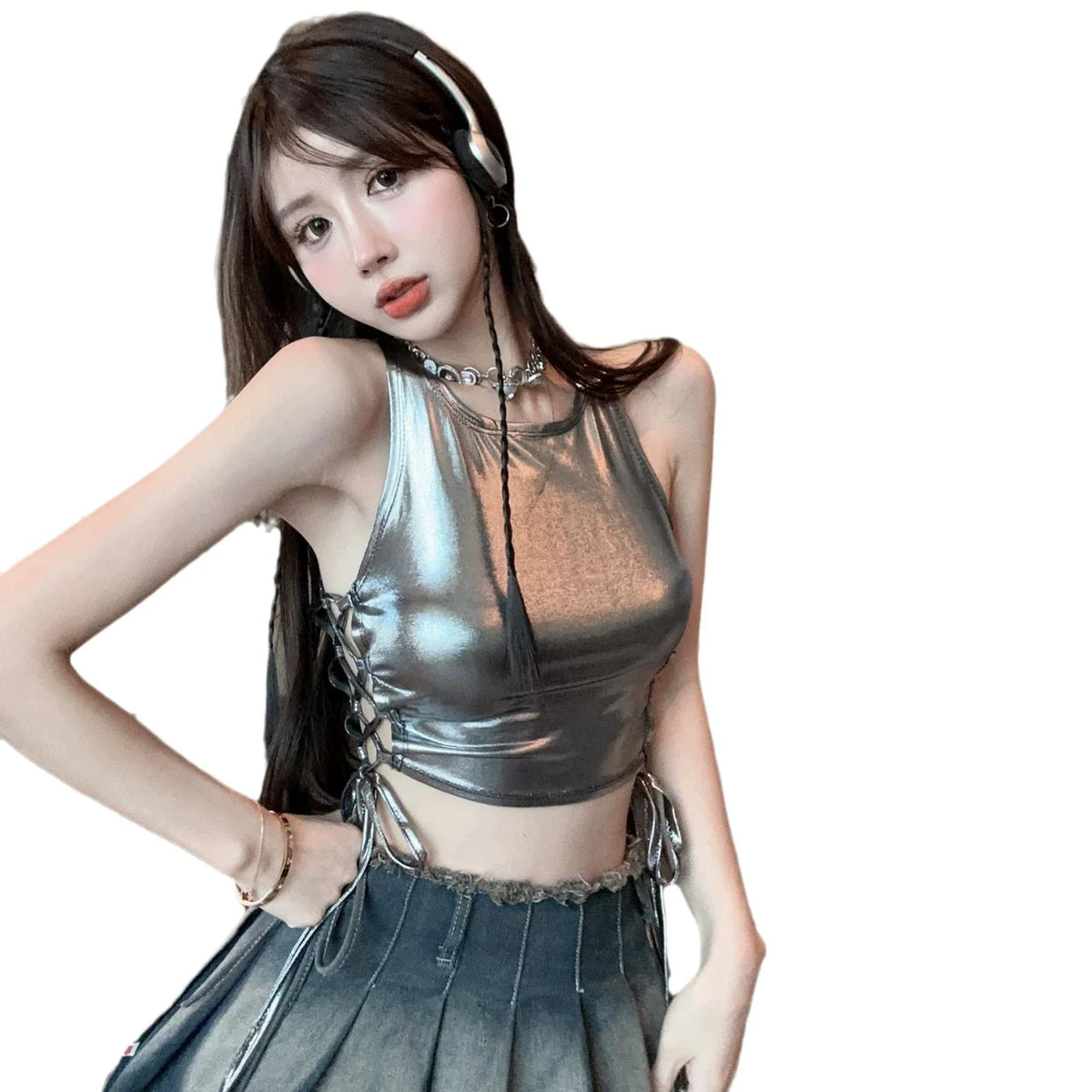 Sleeveless Hollow lace up Decorated Tank Sexy Casual Bodycon Top Party Club Streetwear Spring Summer 