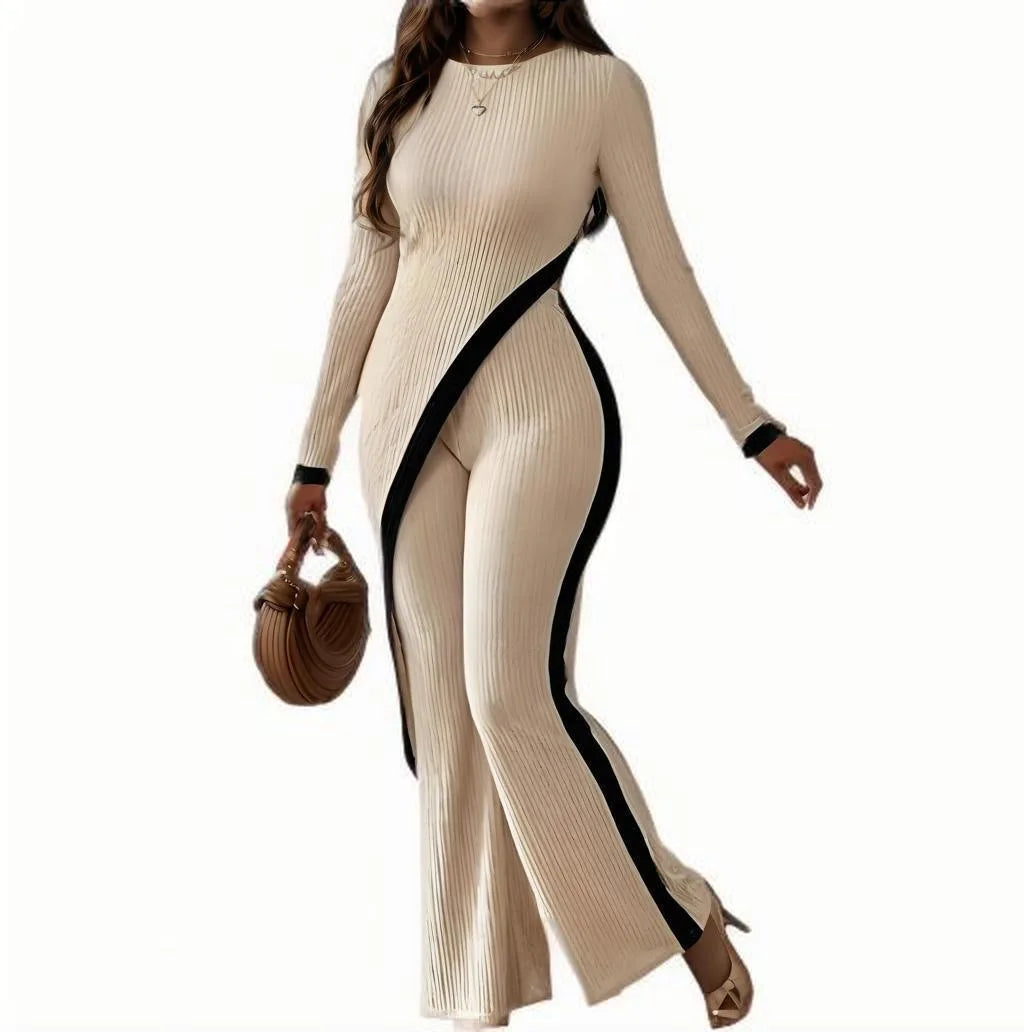 Fashionable long-sleeved contrasting color side slit T-shirt + spliced trousers suit