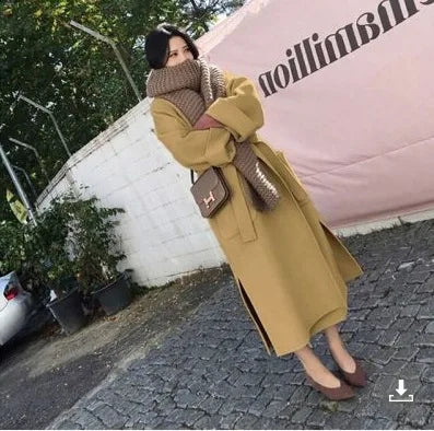 Women's Fashion Autumn/Winter New Slim Fit Waistband Flip Collar Woolen Coat