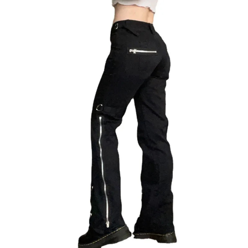 Dark Punk Y2k Grunge Low Waist Emo Jeans Mall Gothic Women Black Patchwork Electro Pants Fashion Streetwear Alt Clothes
