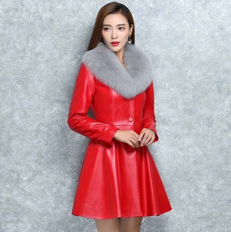 New Women's PU Leather Jacket For Autumn Winter Slim Big Fur Collar Long Leather Coat Female Outerwear
