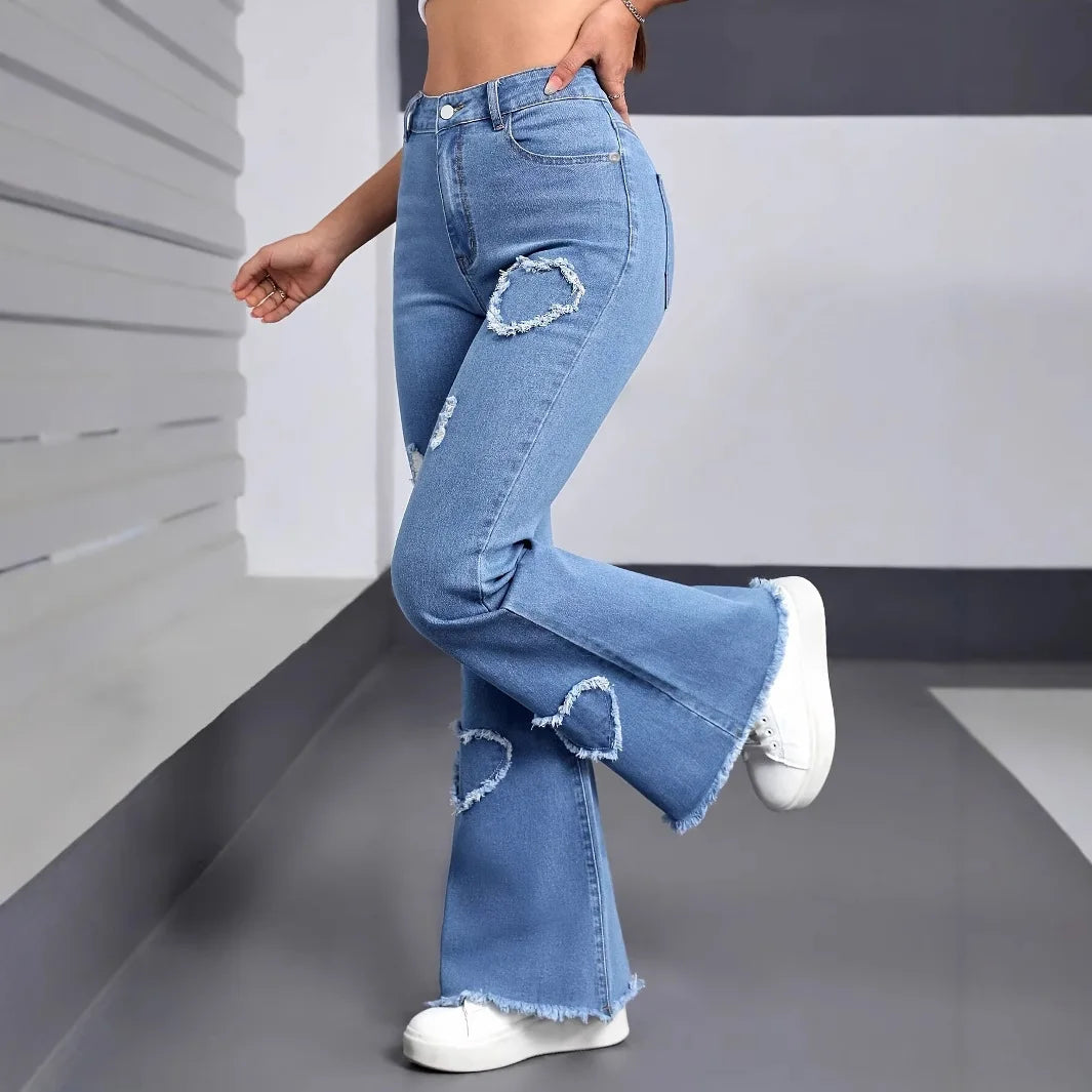 Y2K Blue Stretchy Heart Shaped Flared Jeans High Waist Retro Fashion Trendy Elastic Trousers for Women