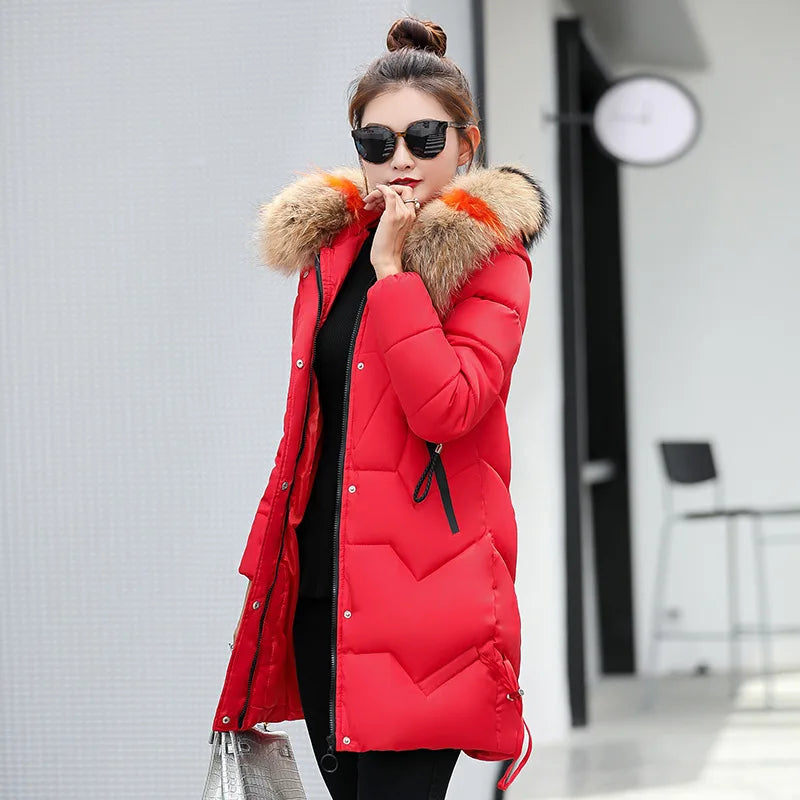 New Winter Jacket Womens Parkas Fur Collar Hooded Coats Casual Long Jacket Female Slim Cotton Padded Warm Outerwear
