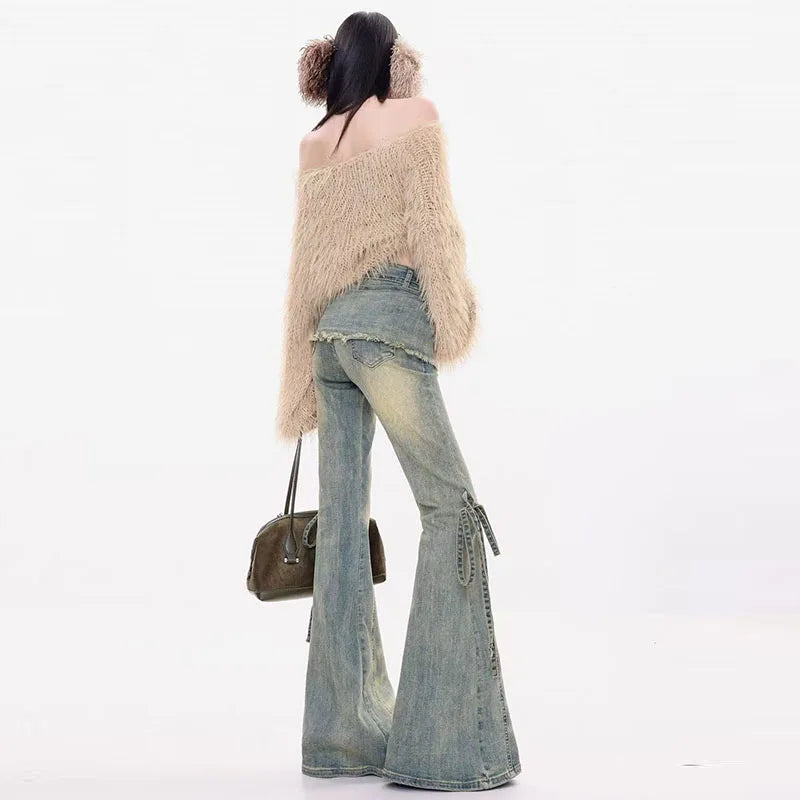 Vintage Flare Jeans Women Y2k Harajuku Patchwork Bandage Denim Pants Streetwear Grunge High Waist Casual Design Trousers