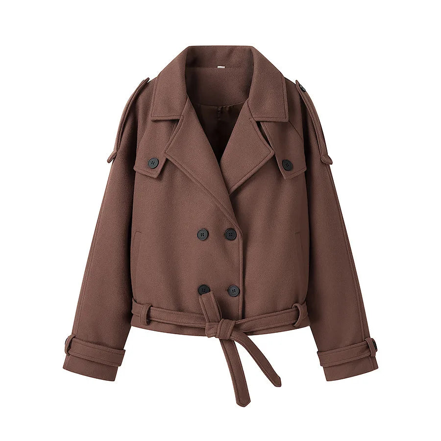Brown Women Jacket Long Sleeve Lace Up Turn-down Collar Double-Breasted Female Coat Autumn Lady Streetwear New