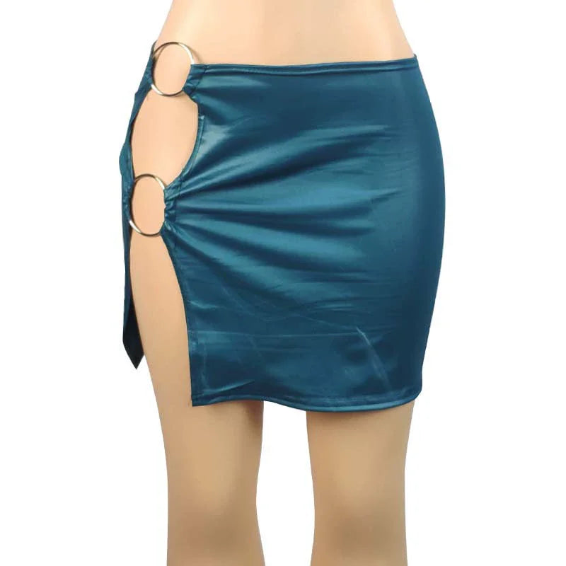 PU Imitation Leather Metal Ring Side Split Mini Skirt Women High-waist Fittness Slim Skirts Vintage Bodycon Skirt Club Party