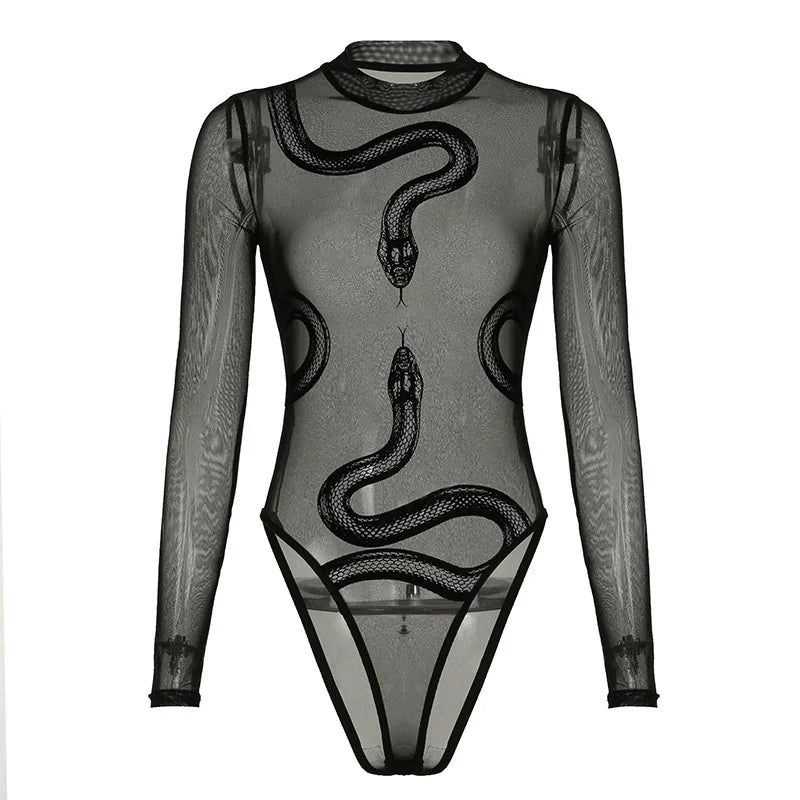 New spicy girl snake print perspective sexy splicing round neck mesh bodysuits for women