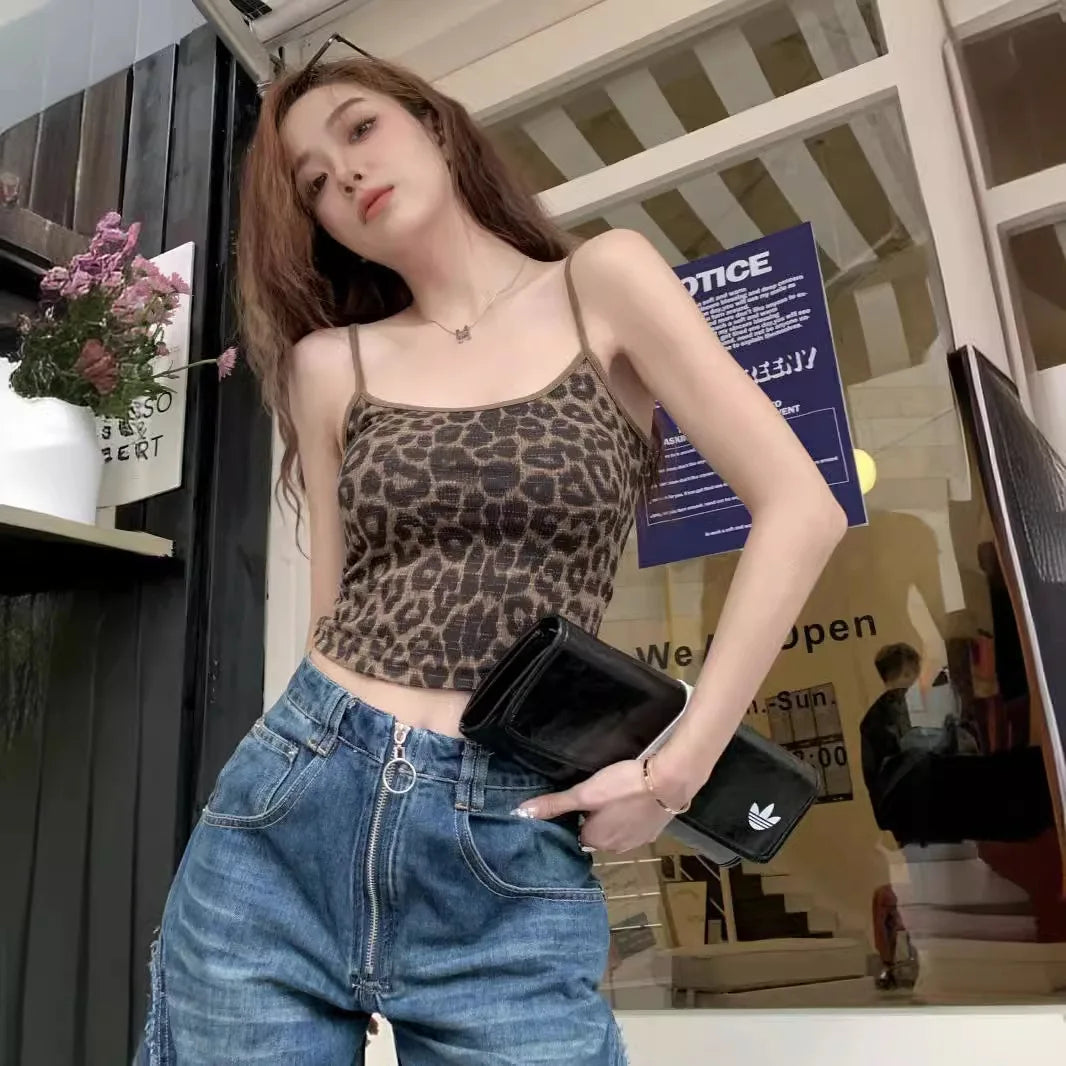 Women's Camisole Leopard Print Crop Tops Vintage Y2k Summer Fashion Streetwear Tank Top Female Sexy Sleeveless Off Shoulder Vest