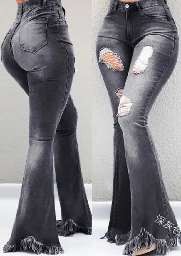 Y2K Clothing Women's Pans Autumn New Fashion Old Worn White High Waist Jeans Show Thin Tassel Edge Micro Ragged Denim Pants