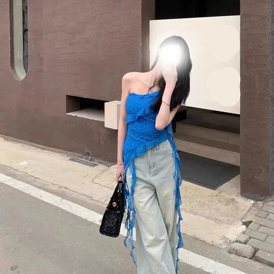 Blue Irregular Shoulder Strapless Top Women's Summer Korean Style Hot Girl Slim Fit Beautiful Top Commute Style Outerwear