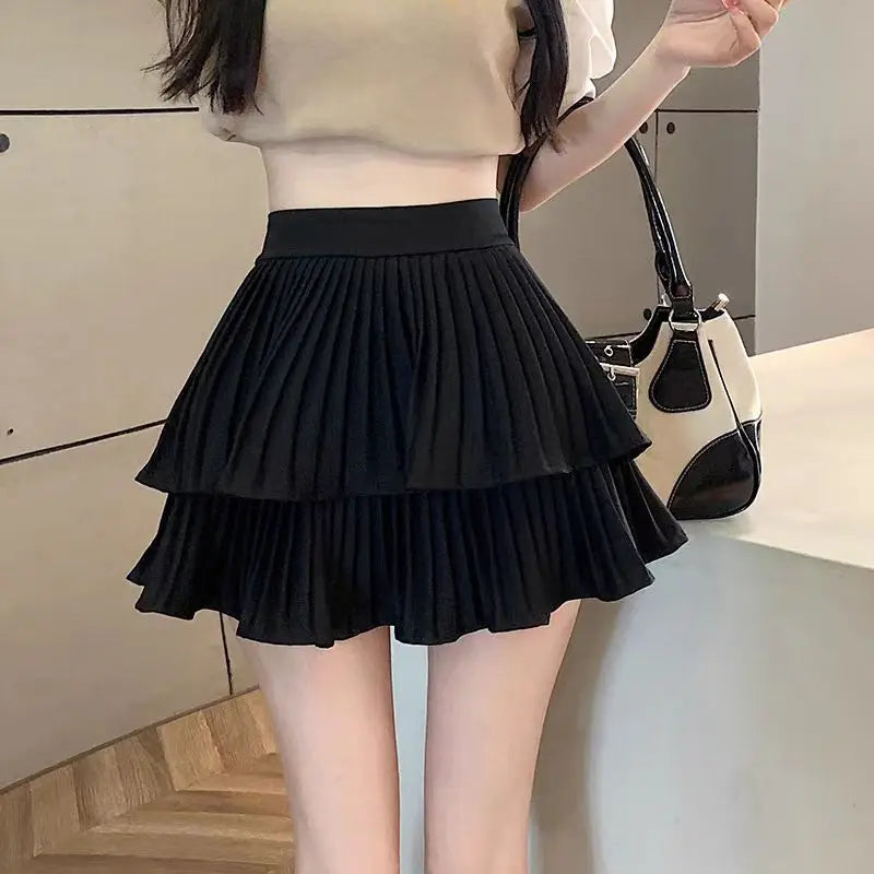 Preppy Style Elastic High waist Fluffy Skirt Double Layered Pleated Ruffled Edge Mini Cake Skirt Cute Hotsweet Y2K Skirt Pants
