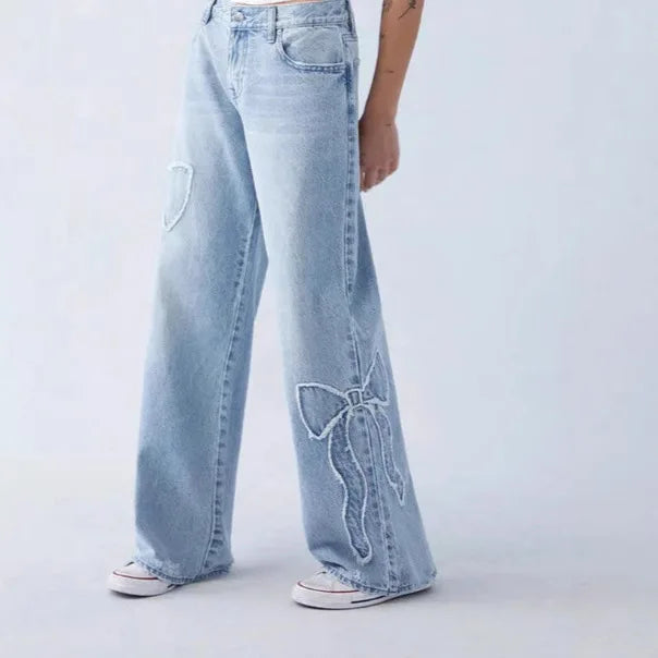 Embroidered side frayed butterfly jeans for women loose straight-leg pants for spring and autumn best-selling item