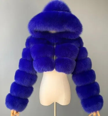 High Quality Furry Cropped Faux Fur Coats and Jackets Women Fluffy Top Coat with Hooded Winter Fur Jacket Manteau Femme
