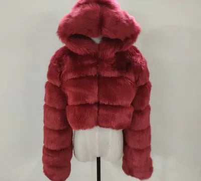 High Quality Furry Cropped Faux Fur Coats and Jackets Women Fluffy Top Coat with Hooded Winter Fur Jacket Manteau Femme