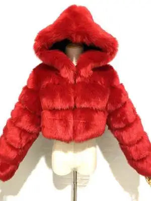 High Quality Furry Cropped Faux Fur Coats and Jackets Women Fluffy Top Coat with Hooded Winter Fur Jacket Manteau Femme