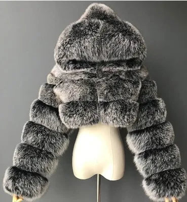 High Quality Furry Cropped Faux Fur Coats and Jackets Women Fluffy Top Coat with Hooded Winter Fur Jacket Manteau Femme