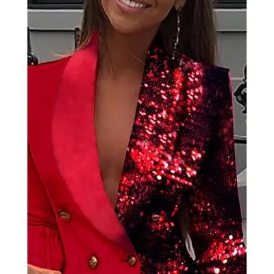 Women Fashion Club Female Colorblock Sequin Long Sleeve Blazer Mini Party Club Vestidos Streetwear