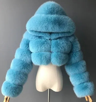High Quality Furry Cropped Faux Fur Coats and Jackets Women Fluffy Top Coat with Hooded Winter Fur Jacket Manteau Femme