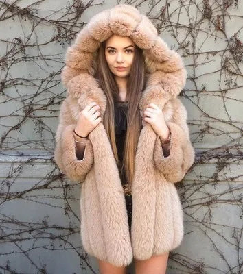 Faux Fur Coat Women Hooded Winter Casual Teddy Coat Autumn Pockets Fur Jacket Fleece Fluffy Overcoat Outwear