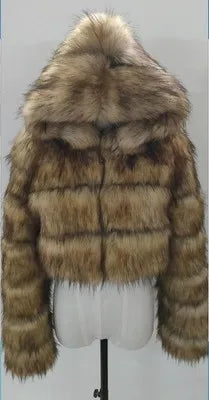 High Quality Furry Cropped Faux Fur Coats and Jackets Women Fluffy Top Coat with Hooded Winter Fur Jacket Manteau Femme