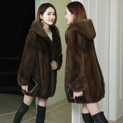 Autumn Winter Imitation Mink Velvet Overcoat Women Thick Warm Outwear Hooded Mid Length Faux Fur Coat Female Parka D369