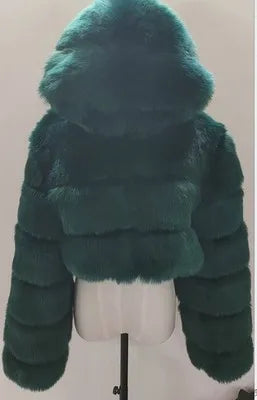 High Quality Furry Cropped Faux Fur Coats and Jackets Women Fluffy Top Coat with Hooded Winter Fur Jacket Manteau Femme