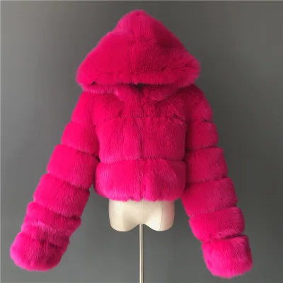 High Quality Furry Cropped Faux Fur Coats and Jackets Women Fluffy Top Coat with Hooded Winter Fur Jacket Manteau Femme