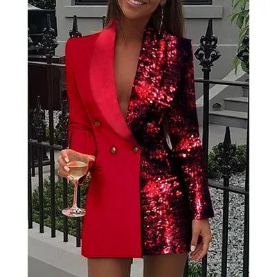 Women Fashion Club Female Colorblock Sequin Long Sleeve Blazer Mini Party Club Vestidos Streetwear