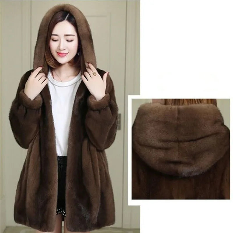 Autumn Winter Imitation Mink Velvet Overcoat Women Thick Warm Outwear Hooded Mid Length Faux Fur Coat Female Parka D369