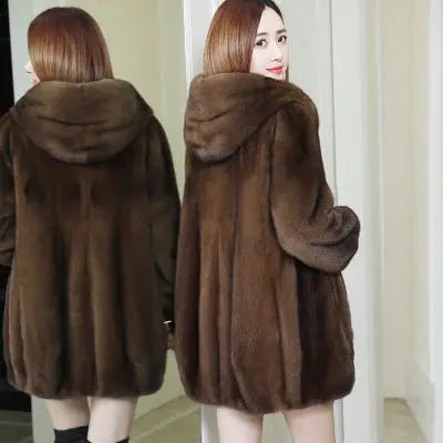 Autumn Winter Imitation Mink Velvet Overcoat Women Thick Warm Outwear Hooded Mid Length Faux Fur Coat Female Parka D369