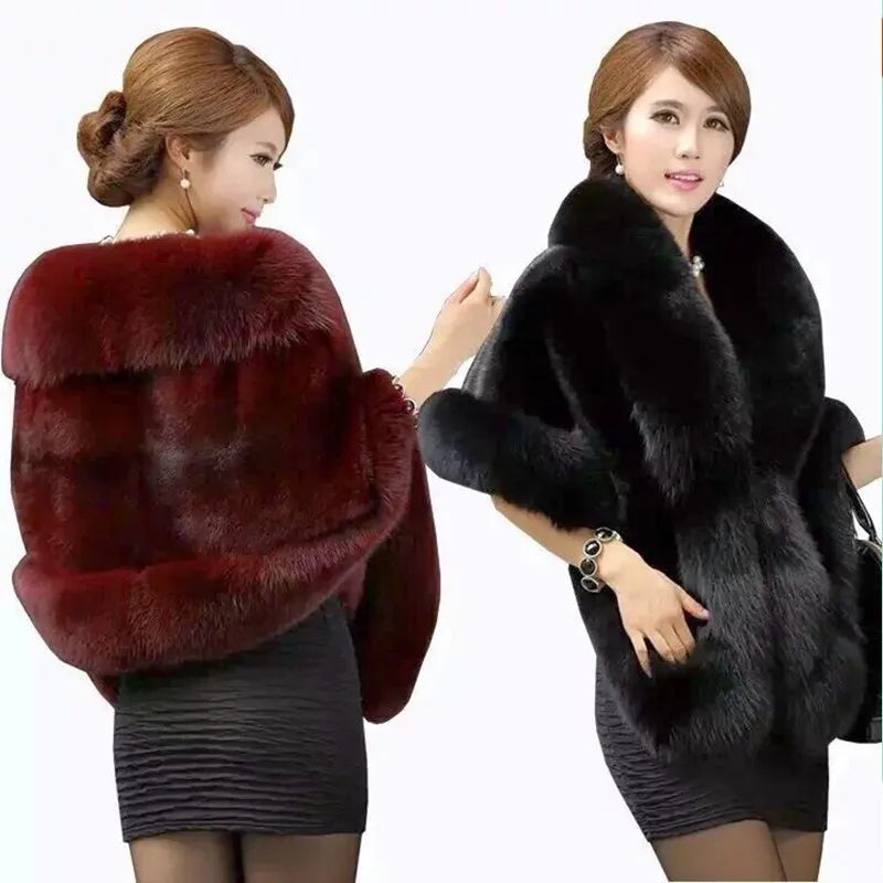 Women's Faux Fur Cape Jacket Winter Warm White / Black / Burgundy Large Fur Collar Short Section Young Lady 2021 New