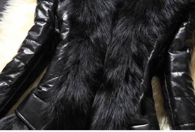 PU Leather Faux Fur Women Coat 2021 Casual Fluffy Coat Black Faux Fur Collar Jacket Coat