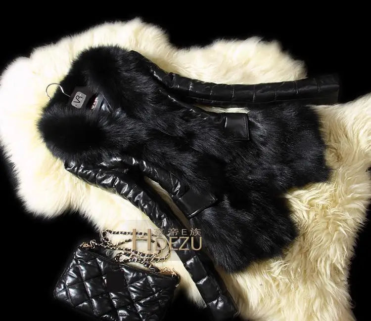 PU Leather Faux Fur Women Coat 2021 Casual Fluffy Coat Black Faux Fur Collar Jacket Coat