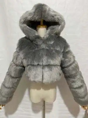 High Quality Furry Cropped Faux Fur Coats and Jackets Women Fluffy Top Coat with Hooded Winter Fur Jacket Manteau Femme
