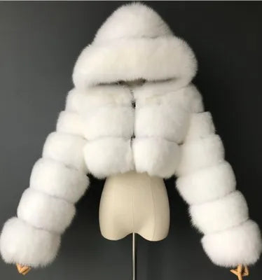 High Quality Furry Cropped Faux Fur Coats and Jackets Women Fluffy Top Coat with Hooded Winter Fur Jacket Manteau Femme