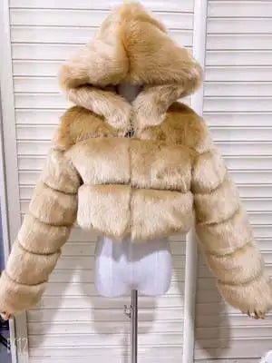High Quality Furry Cropped Faux Fur Coats and Jackets Women Fluffy Top Coat with Hooded Winter Fur Jacket Manteau Femme