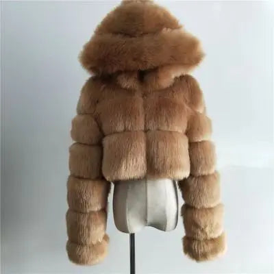 High Quality Furry Cropped Faux Fur Coats and Jackets Women Fluffy Top Coat with Hooded Winter Fur Jacket Manteau Femme