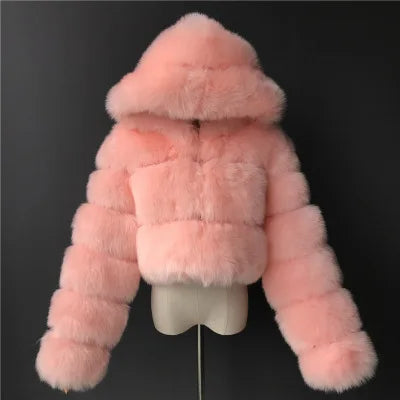 High Quality Furry Cropped Faux Fur Coats and Jackets Women Fluffy Top Coat with Hooded Winter Fur Jacket Manteau Femme