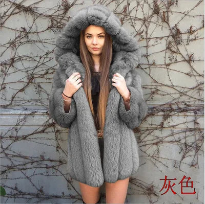 Faux Fur Coat Women Hooded Winter Casual Teddy Coat Autumn Pockets Fur Jacket Fleece Fluffy Overcoat Outwear