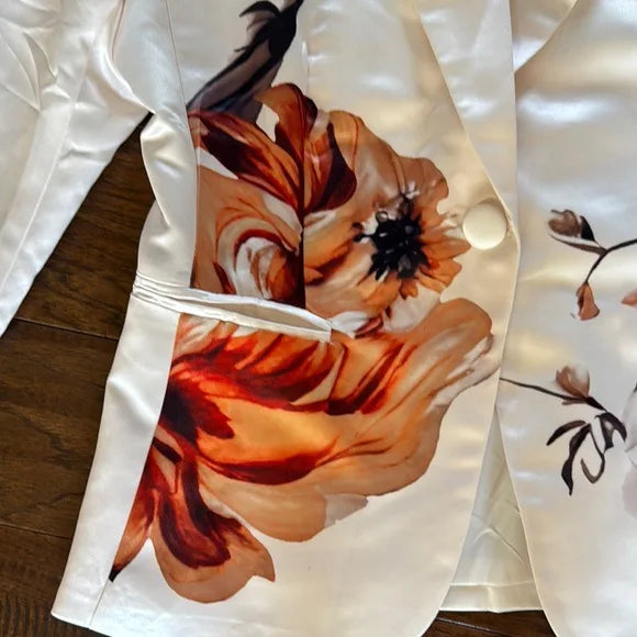 Women's Sexy Deep V Satin office suit 2pcs Set Winter White Glossy Long Sleeved One Button Jacket&Straight Leg Pants Vacation